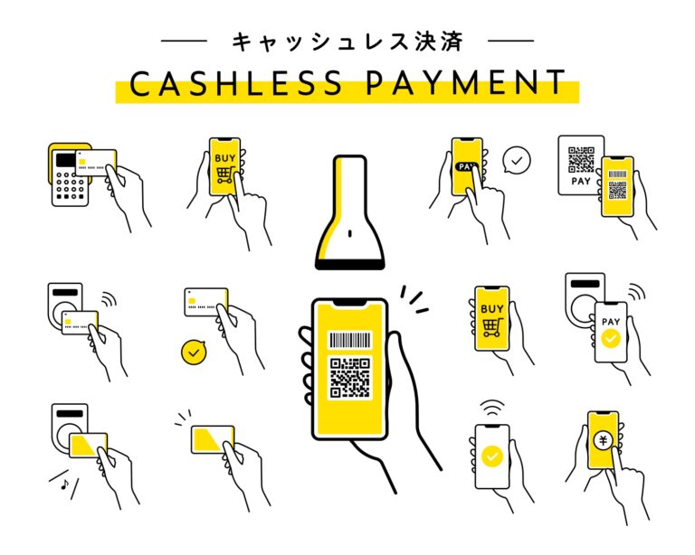 キャッシュレス決済のイラストのセット　スマホ　クレジットカード　電子マネー　支払い　QRコード